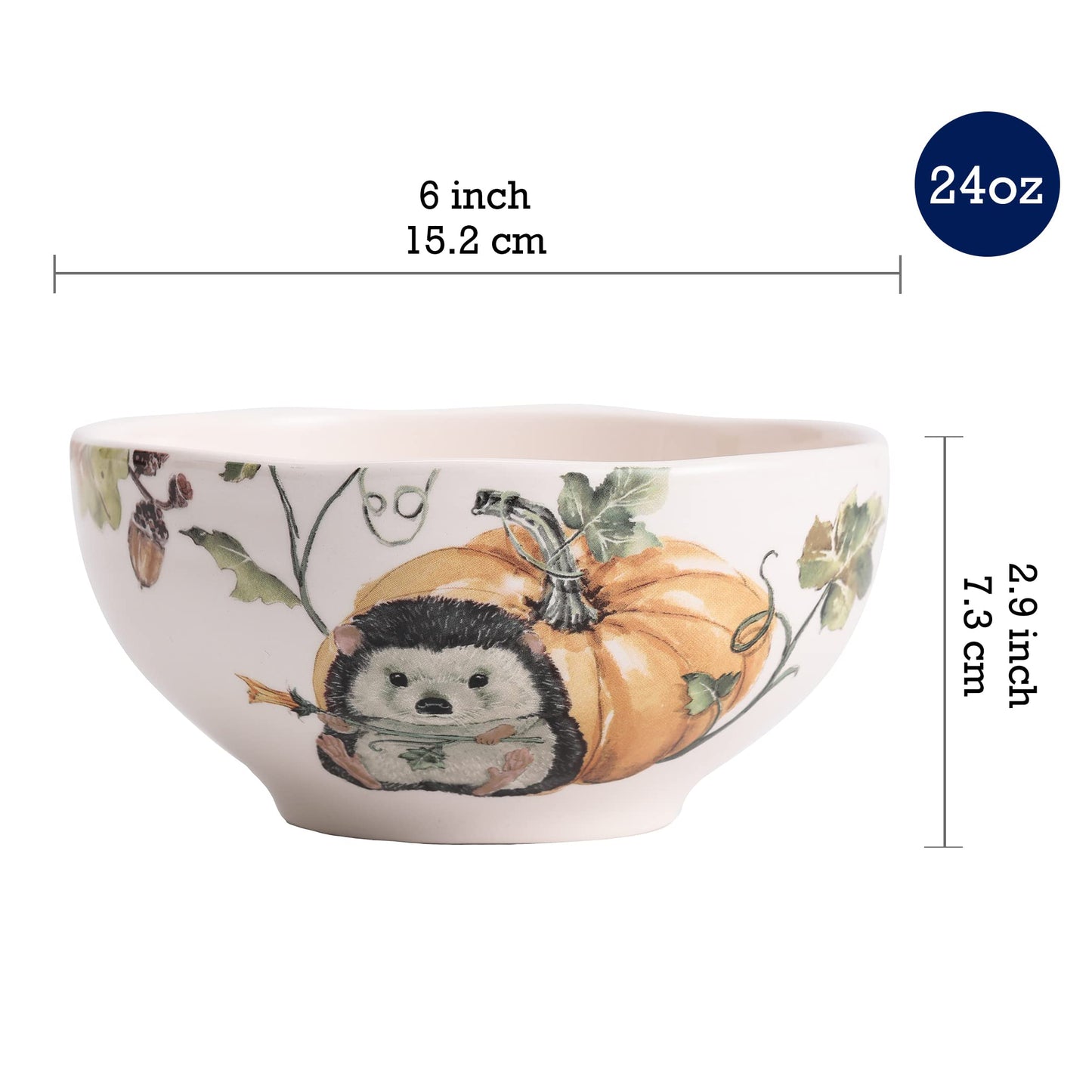 Bico Woodland Critters 24oz Ceramic Cereal Bowls, Set of 4, for Pasta, Salad, Cereal, Soup & Microwave & Dishwasher Safe