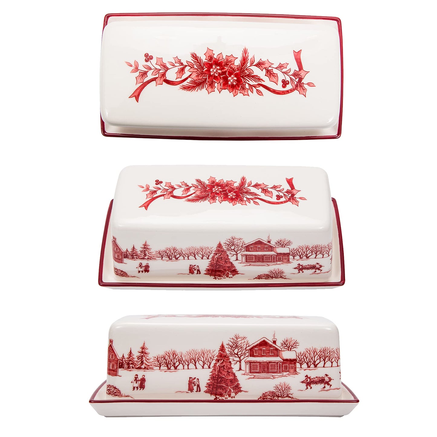 Bico Toile De Jouy Winter Wonderland Ceramic Butter Dish with Lid, Butter Keeper for Counter, Kitchen, Dishwasher Safe