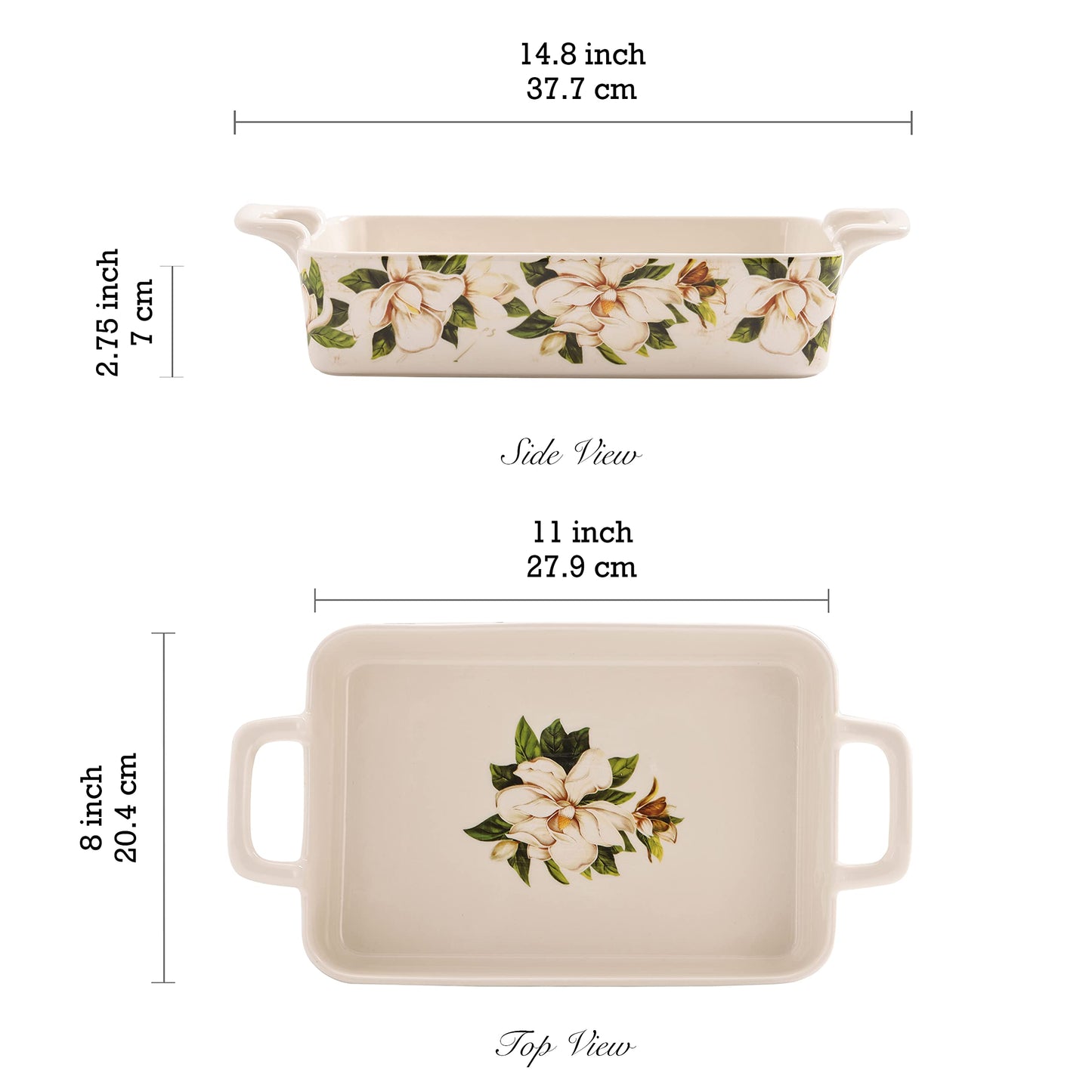 Bico Magnolia Floral Stoneware Baking Dish Set, Non-stick Lasagna Pan, Large Rectangular Baking Pan, Casserole Dish, Microwave, Dishwasher and Oven Safe