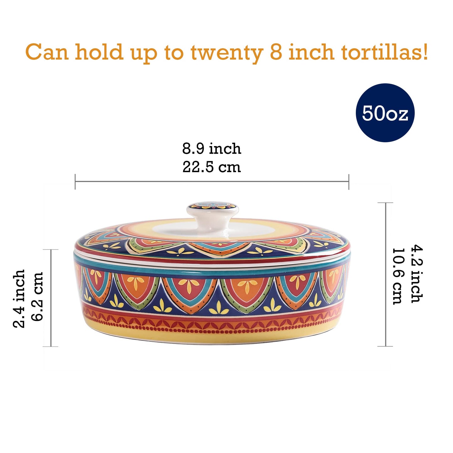 Bico Ceramic 8.8 inch Tortilla Warmer, Tortilla Server with Lid, Taco Holder for Mexican Fiesta Party, Taco Tuesday, Microwave and Dishwasher Safe