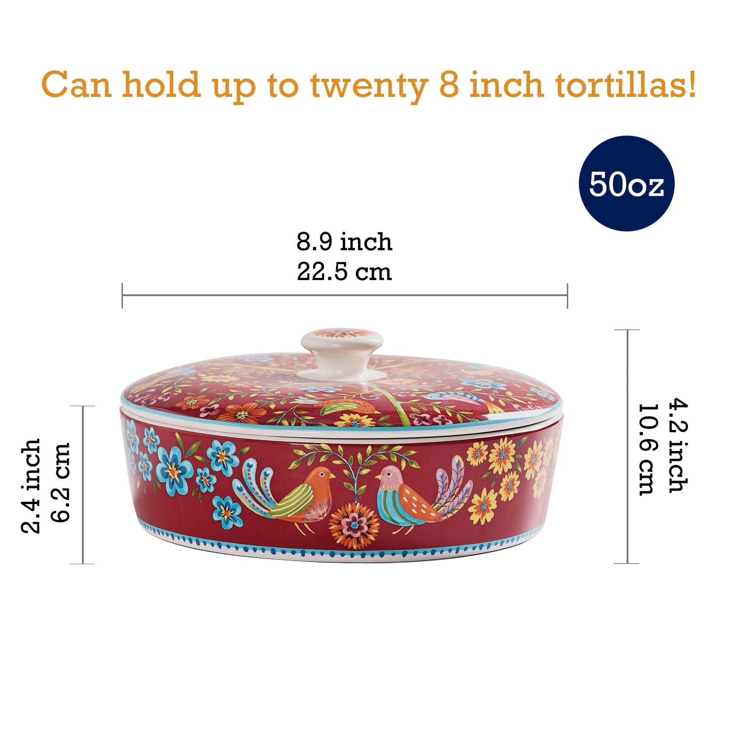 Bico Ceramic 8.8 inch Tortilla Warmer, Tortilla Server with Lid, Taco Holder for Mexican Fiesta Party, Taco Tuesday, Microwave and Dishwasher Safe