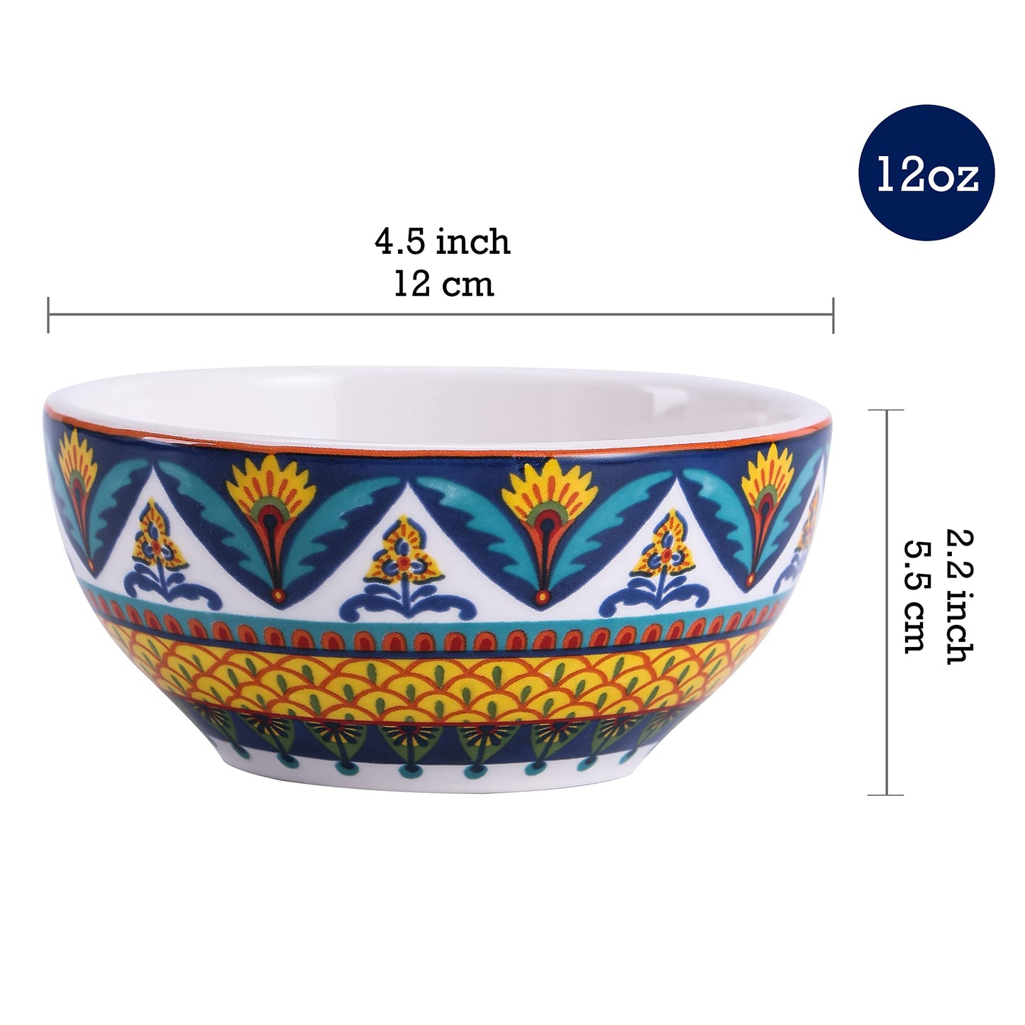 Bico Havana Dessert Bowls Set of 6, Ceramic, 12oz, for Ice Cream, Salad, Cereal, Dipping Sauce, Microwave & Dishwasher Safe