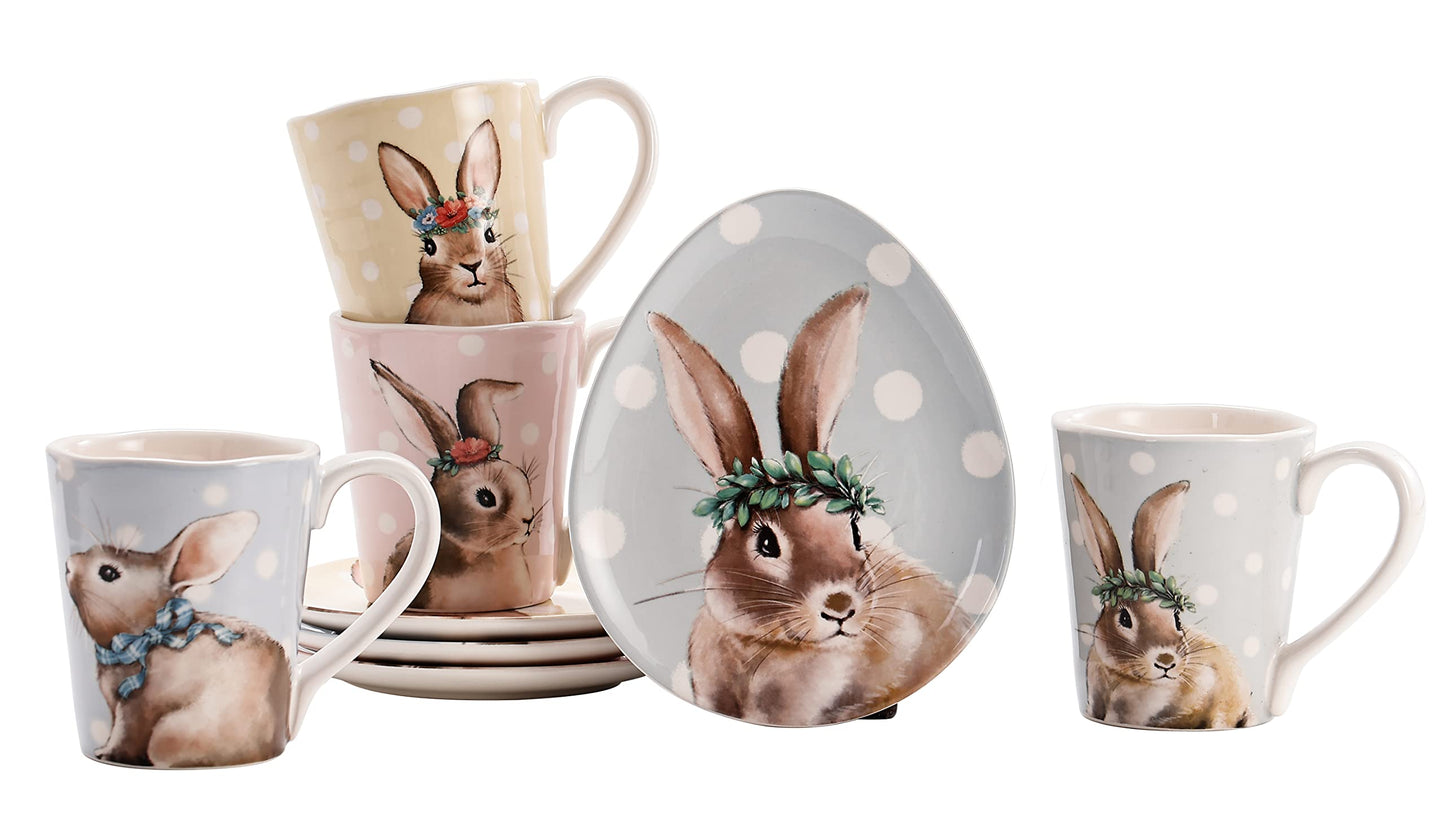 Bico Farmhouse Bunny Ceramic Mugs, 16oz, Set of 4, for Coffee, Tea, Drinks, Microwave & Dishwasher Safe