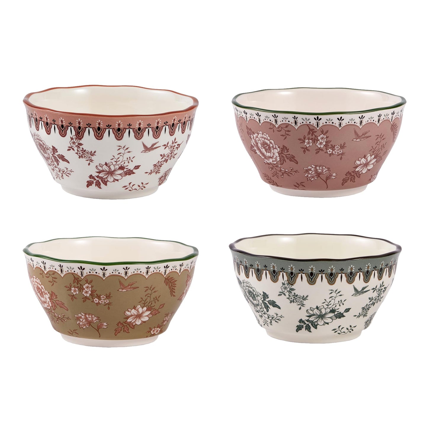 Bico Country Wanderlust Scalloped Ceramic Cereal Bowls Set of 4, 24oz, for Pasta, Salad, Cereal, Soup & Microwave & Dishwasher Safe