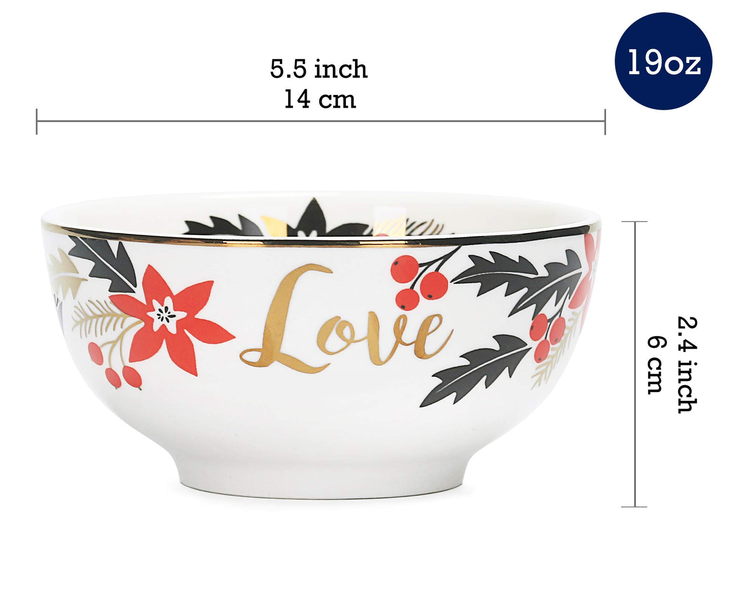 Bico Christmas Wreath Holiday Porcelain Cereal Bowls Set of 4, for Pasta, Salad, Cereal, Soup & Microwave & Dishwasher Safe