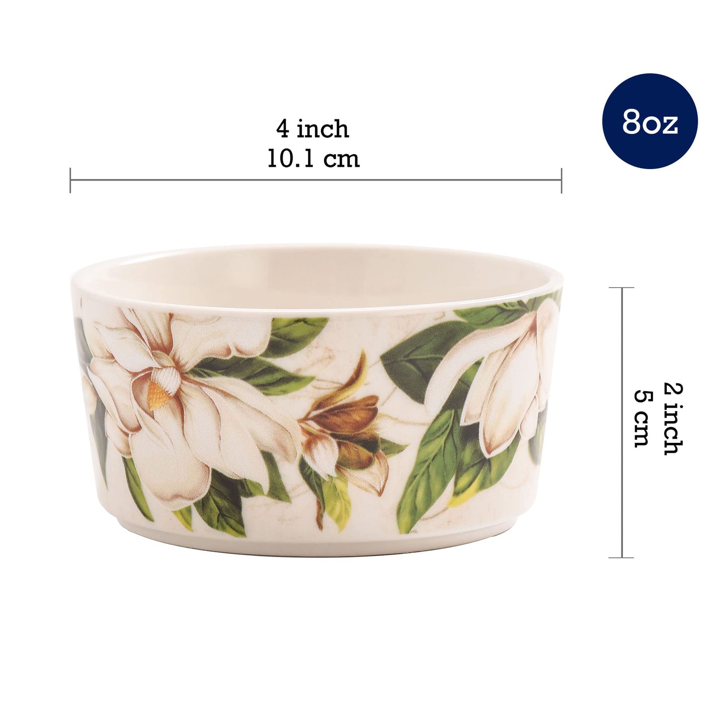 Bico Magnolia Floral Stoneware 8oz Ramekin Set, Set of 4, Round Baking Bowl for Pudding, Creme Brulee, Souffle, Microwave, Dishwasher and Oven Safe