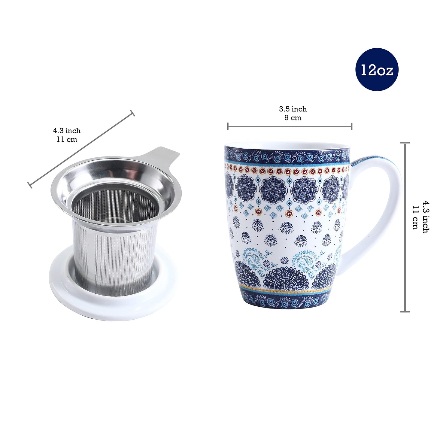 Bico 12oz Porcelain Tea Mug with Infuser and Lid, Microwave & Dishwasher Safe