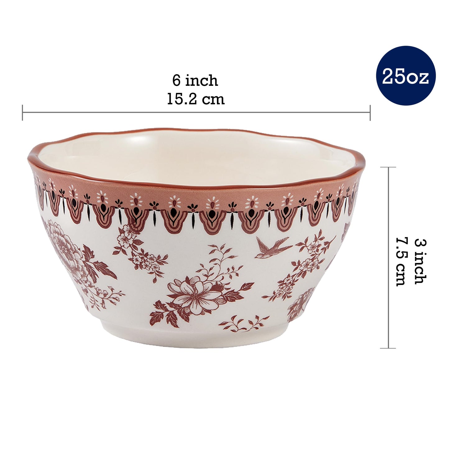 Bico Country Wanderlust Scalloped Ceramic Cereal Bowls Set of 4, 24oz, for Pasta, Salad, Cereal, Soup & Microwave & Dishwasher Safe