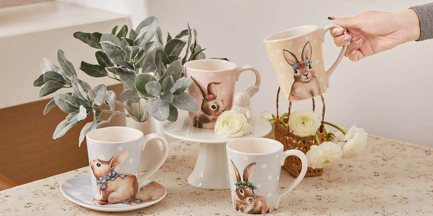 Bico Farmhouse Bunny Ceramic Mugs, 16oz, Set of 4, for Coffee, Tea, Drinks, Microwave & Dishwasher Safe