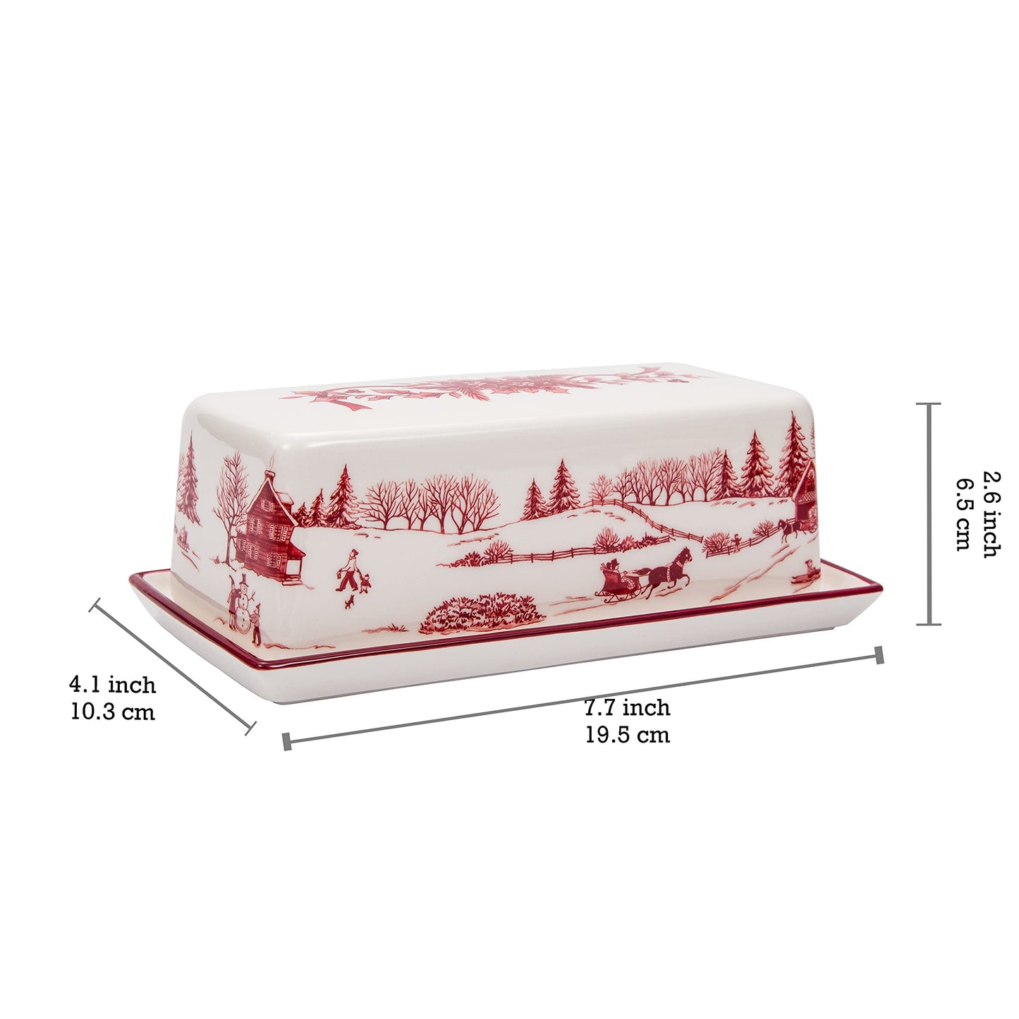 Bico Toile De Jouy Winter Wonderland Ceramic Butter Dish with Lid, Butter Keeper for Counter, Kitchen, Dishwasher Safe