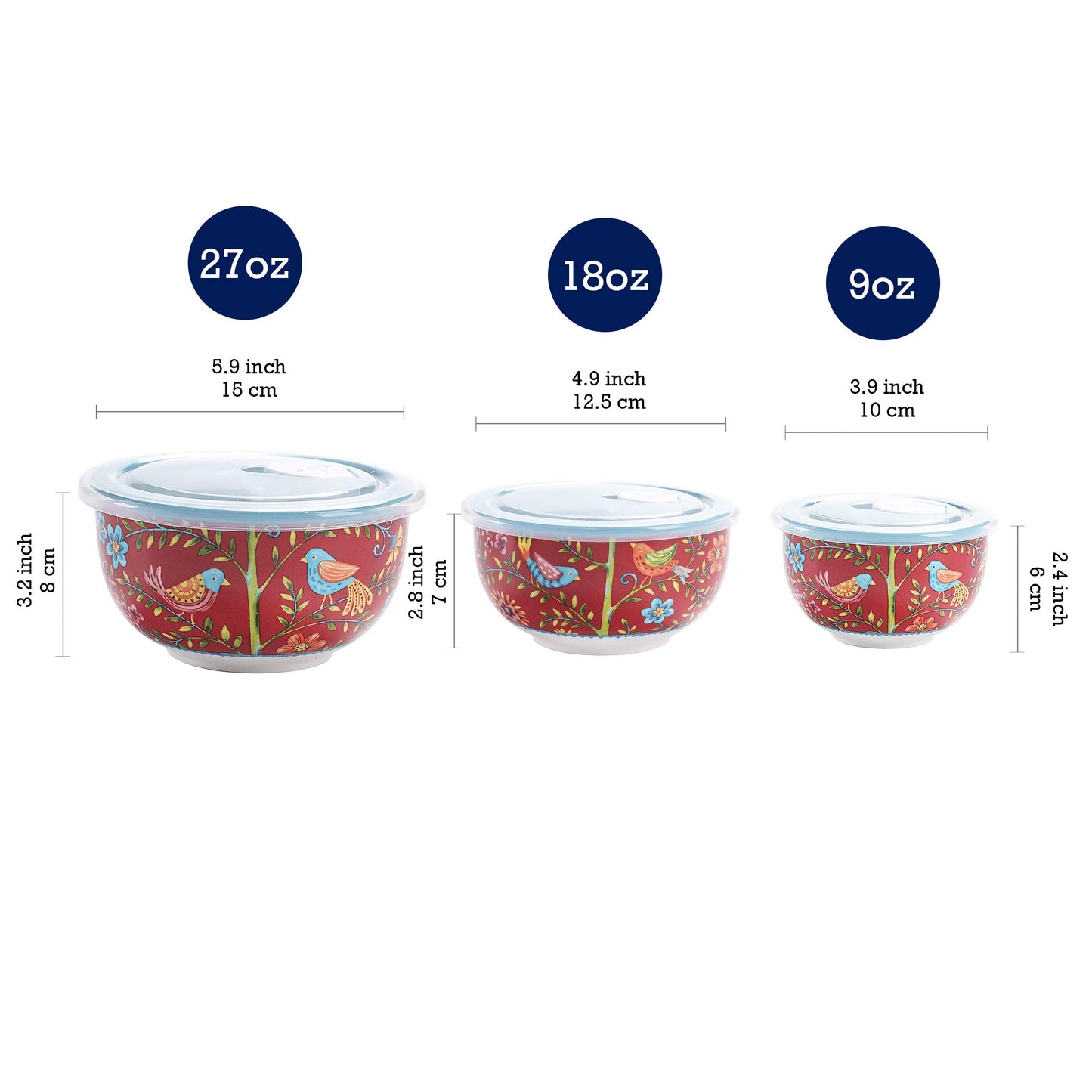 Bico Red Spring Bird Ceramic Bowl with Air Tight Lid Set of 3(27oz, 18oz, 9oz each), Prep bowls, Food Storage Bowl for Salad, Snacks, Fruits, Microwave and Dishwasher Safe