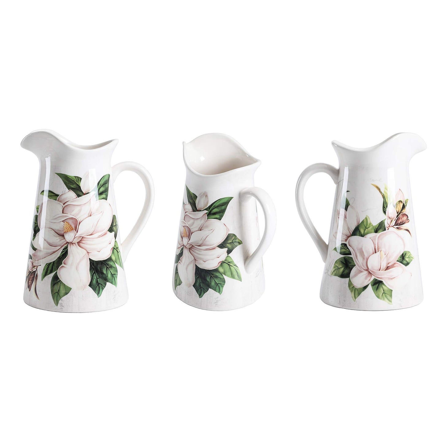 Bico Magnolia Floral Ceramic 2.5 Quarts Pitcher with Handle, Decorative Vase for Flower Arrangements, Dishwasher Safe