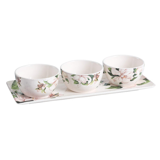 Bico Magnolia Floral Ceramic Dipping Bowl Set (9oz bowls with 14 inch platter), for Sauce, Nachos, Snacks, Microwave & Dishwasher Safe