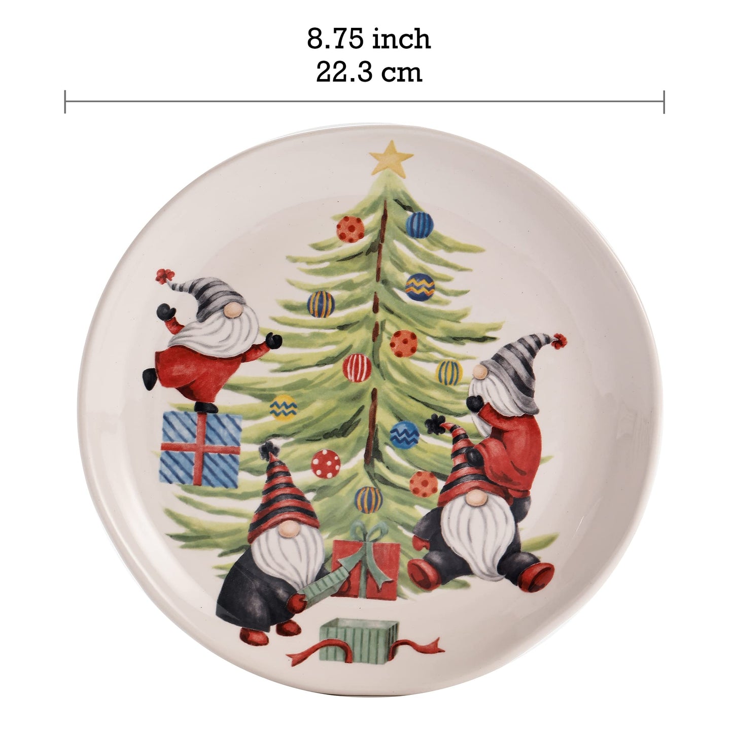 Bico Christmas Gnomes and Christmas Tree Ceramic Salad Plates, 8.75 inch, Set of 4, for Salad, Appetizer, Microwave & Dishwasher Safe