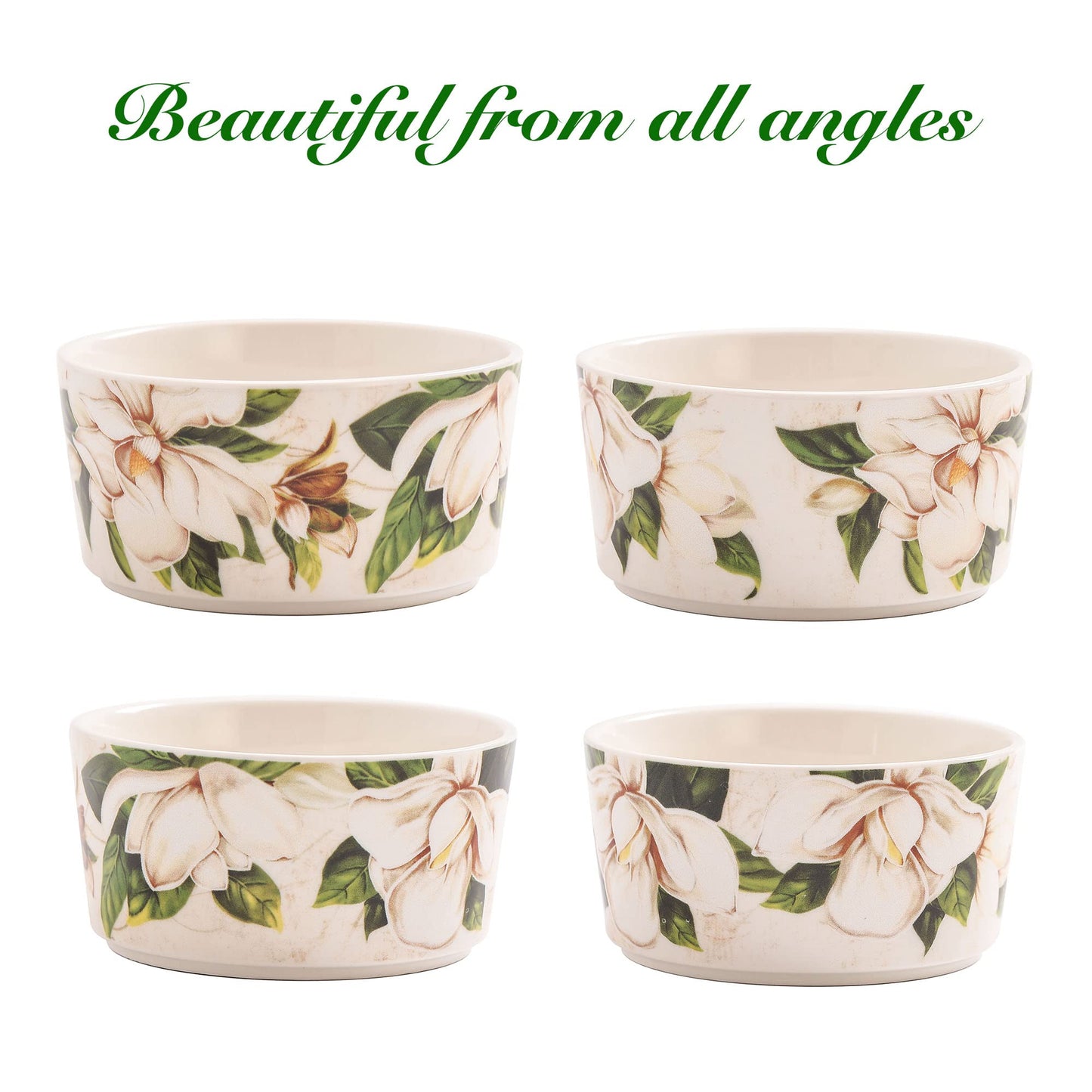 Bico Magnolia Floral Stoneware 8oz Ramekin Set, Set of 4, Round Baking Bowl for Pudding, Creme Brulee, Souffle, Microwave, Dishwasher and Oven Safe