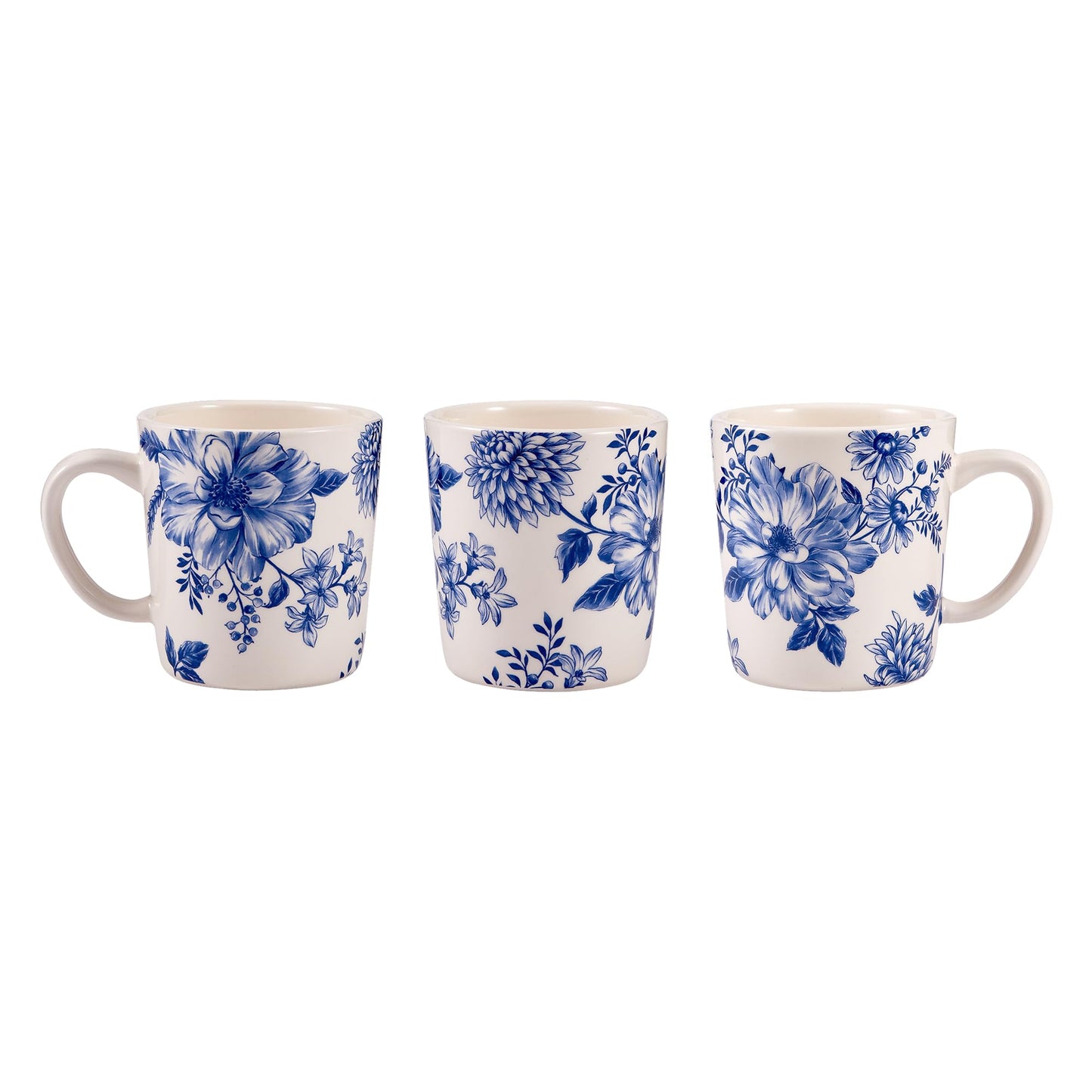 Bico Blue Floral Haven Haven Ceramic Mugs, Set of 4, for Coffee, Tea, Drinks, Microwave & Dishwasher Safe