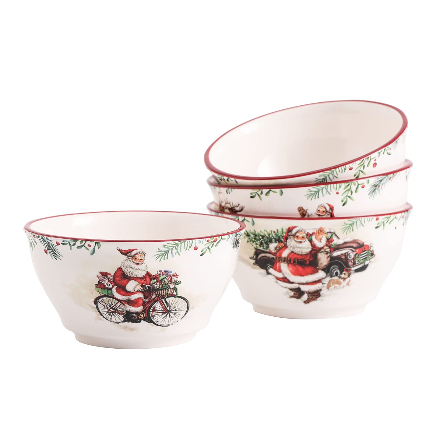 Bico Santa On The Way Ceramic Cereal Bowls, Set of 4, for Pasta, Salad, Cereal, Soup & Microwave & Dishwasher Safe