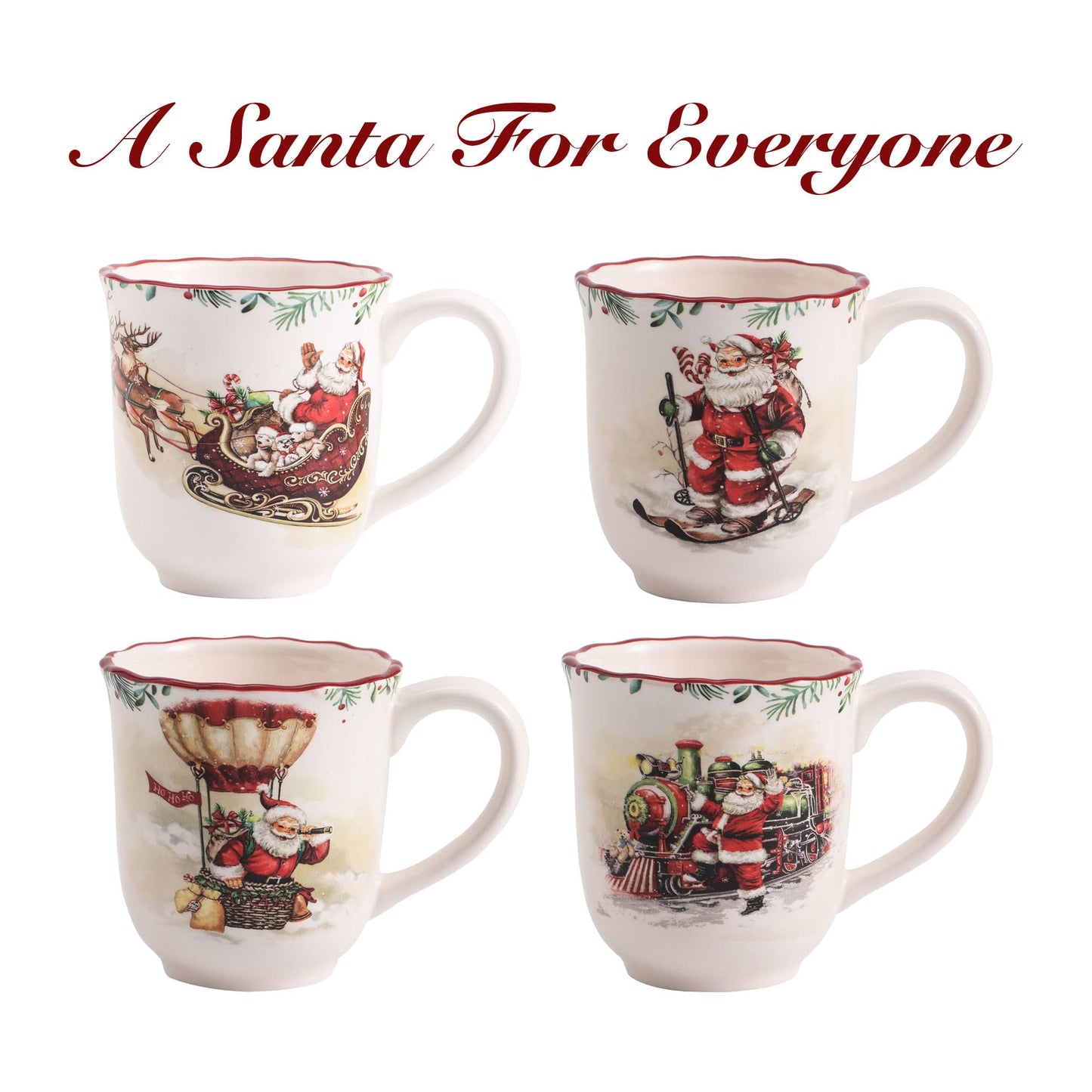 Bico Santa On The Way Ceramic Mugs, Set of 4, for Coffee, Tea, Drinks, Microwave & Dishwasher Safe