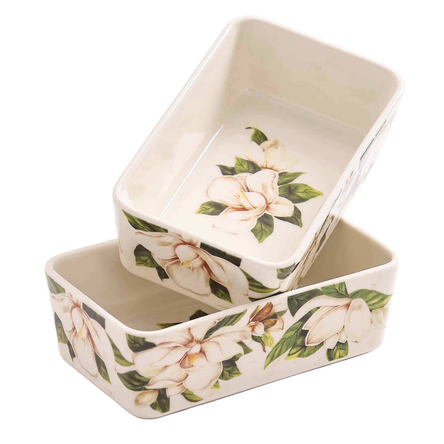 Bico Magnolia Floral Stoneware Casserole Dish Set, Set of 2, Lasagna Pan, Rectangular Baking Pan, Small Baking Dish, Microwave, Dishwasher and Oven Safe