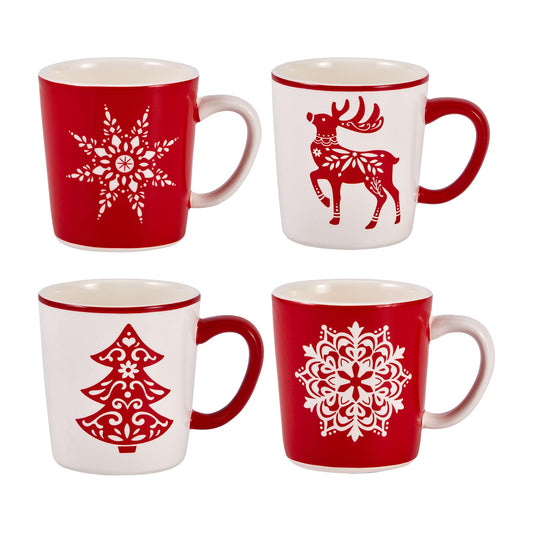 Bico Holly Jolly Ceramic Mugs, Set of 4, for Coffee, Tea, Drinks, Microwave & Dishwasher Safe