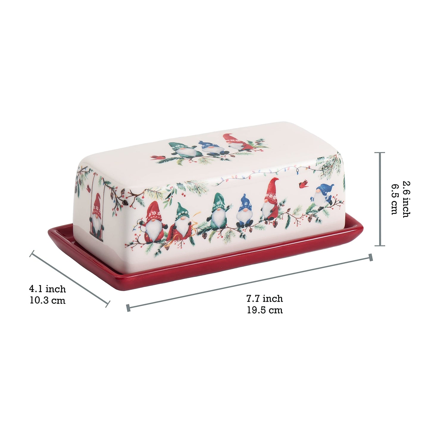 Bico Christmas Gnomes Ceramic Butter Dish with Lid, Butter Keeper for Counter, Kitchen, Dishwasher Safe