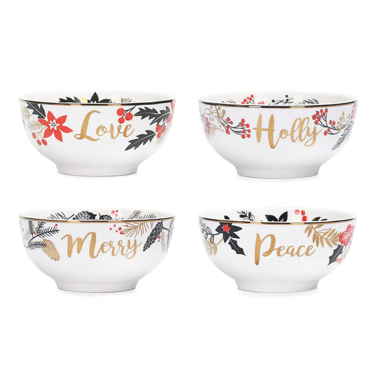 Bico Christmas Wreath Holiday Porcelain Cereal Bowls Set of 4, for Pasta, Salad, Cereal, Soup & Microwave & Dishwasher Safe