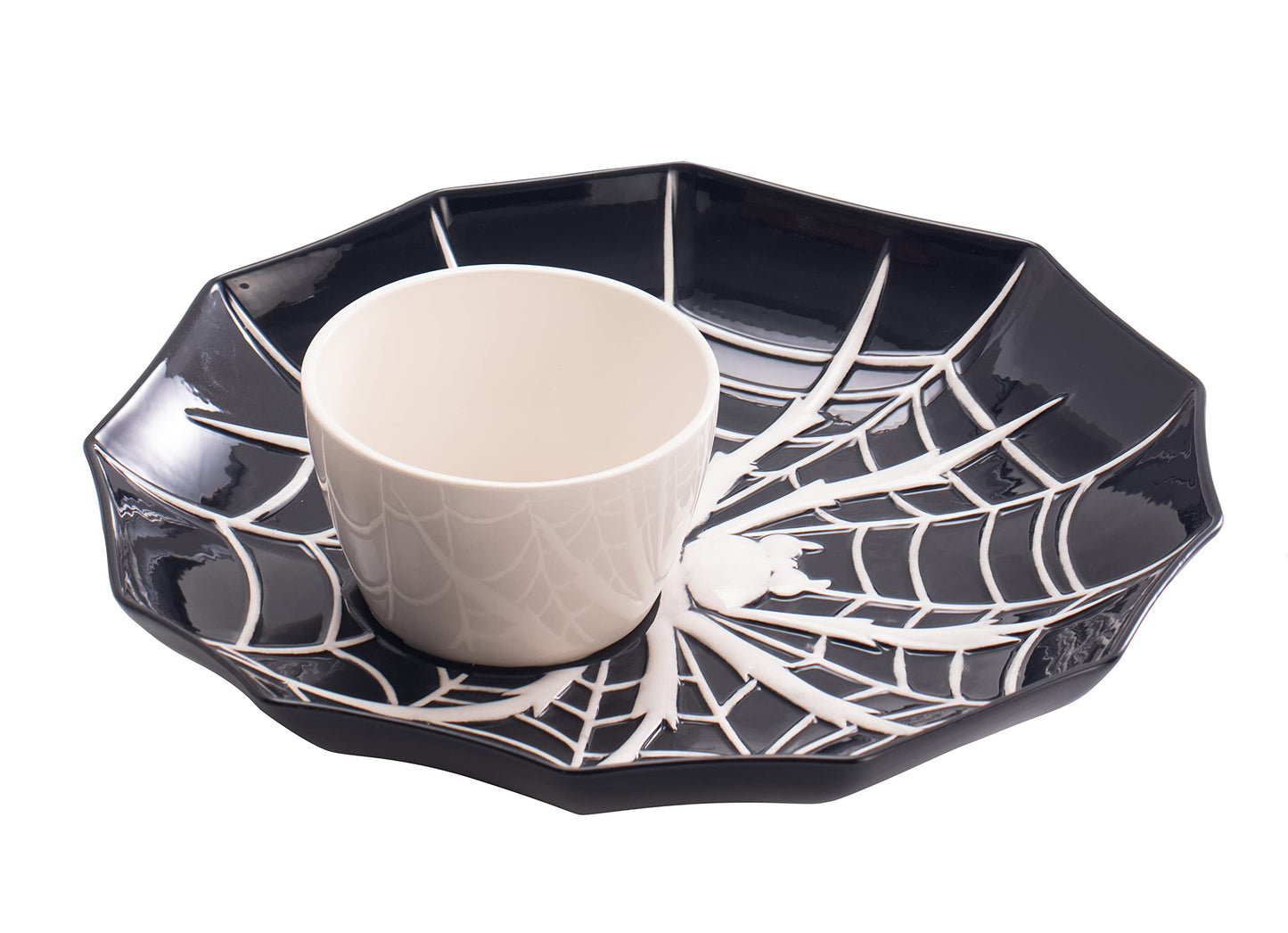 Bico Halloween Spider Web 14.8 inch Black Ceramic Chip and Dip Set, Plate With Sauce Bowl, for snacks, nachos, candy, treats, buffalo wings, Microwave and Dishwasher Safe