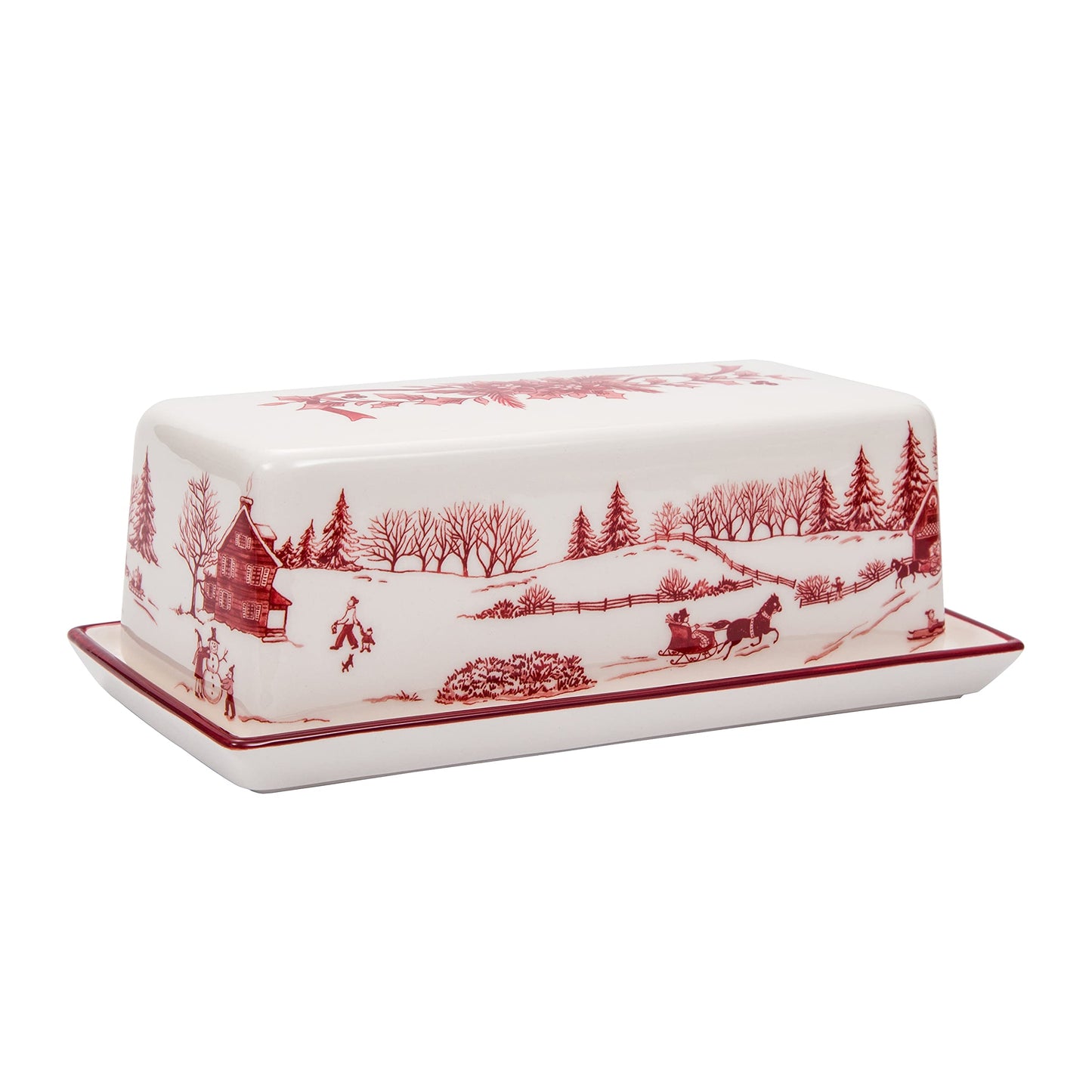 Bico Toile De Jouy Winter Wonderland Ceramic Butter Dish with Lid, Butter Keeper for Counter, Kitchen, Dishwasher Safe