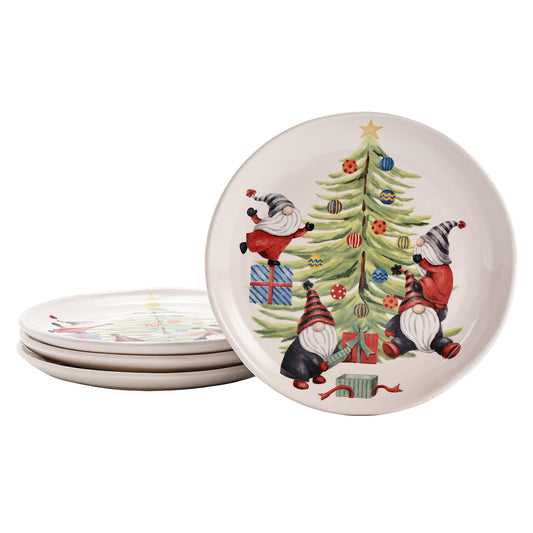 Bico Christmas Gnomes and Christmas Tree Ceramic Salad Plates, 8.75 inch, Set of 4, for Salad, Appetizer, Microwave & Dishwasher Safe