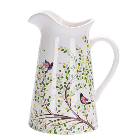 Bico Bird On Tree Ceramic 2.5 Quarts Pitcher with Handle, Decorative Vase for Flower Arrangements, Dishwasher Safe