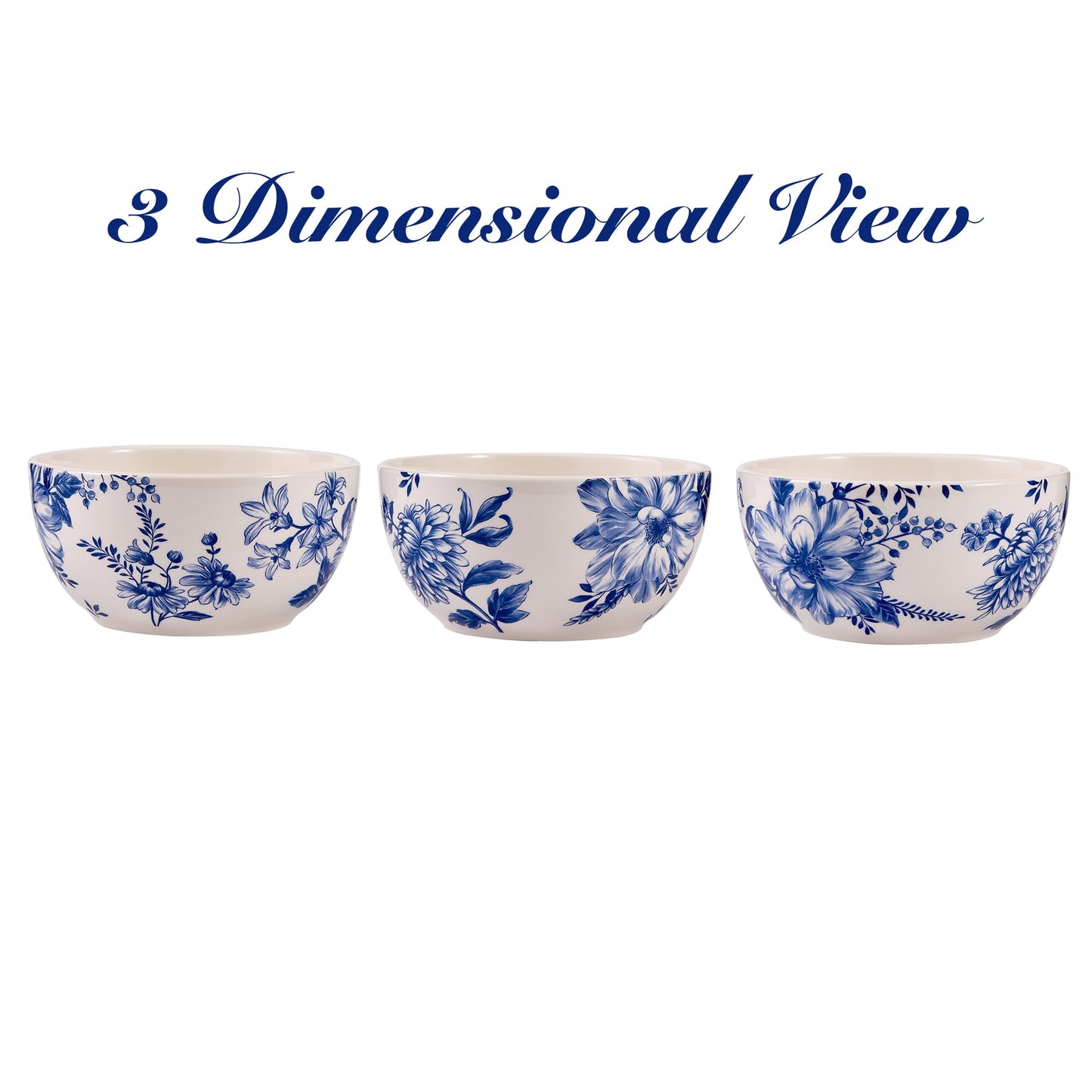 Bico Blue Floral Haven Ceramic Cereal Bowls Set of 4, 26oz, for Pasta, Salad, Cereal, Soup & Microwave & Dishwasher Safe