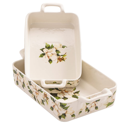 Bico Magnolia Floral Stoneware Baking Dish Set, Non-stick Lasagna Pan, Large Rectangular Baking Pan, Casserole Dish, Microwave, Dishwasher and Oven Safe