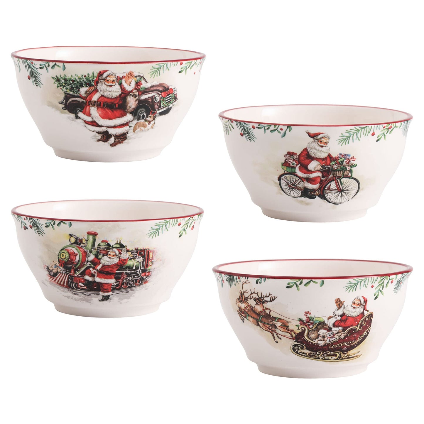 Bico Santa On The Way Ceramic Cereal Bowls, Set of 4, for Pasta, Salad, Cereal, Soup & Microwave & Dishwasher Safe