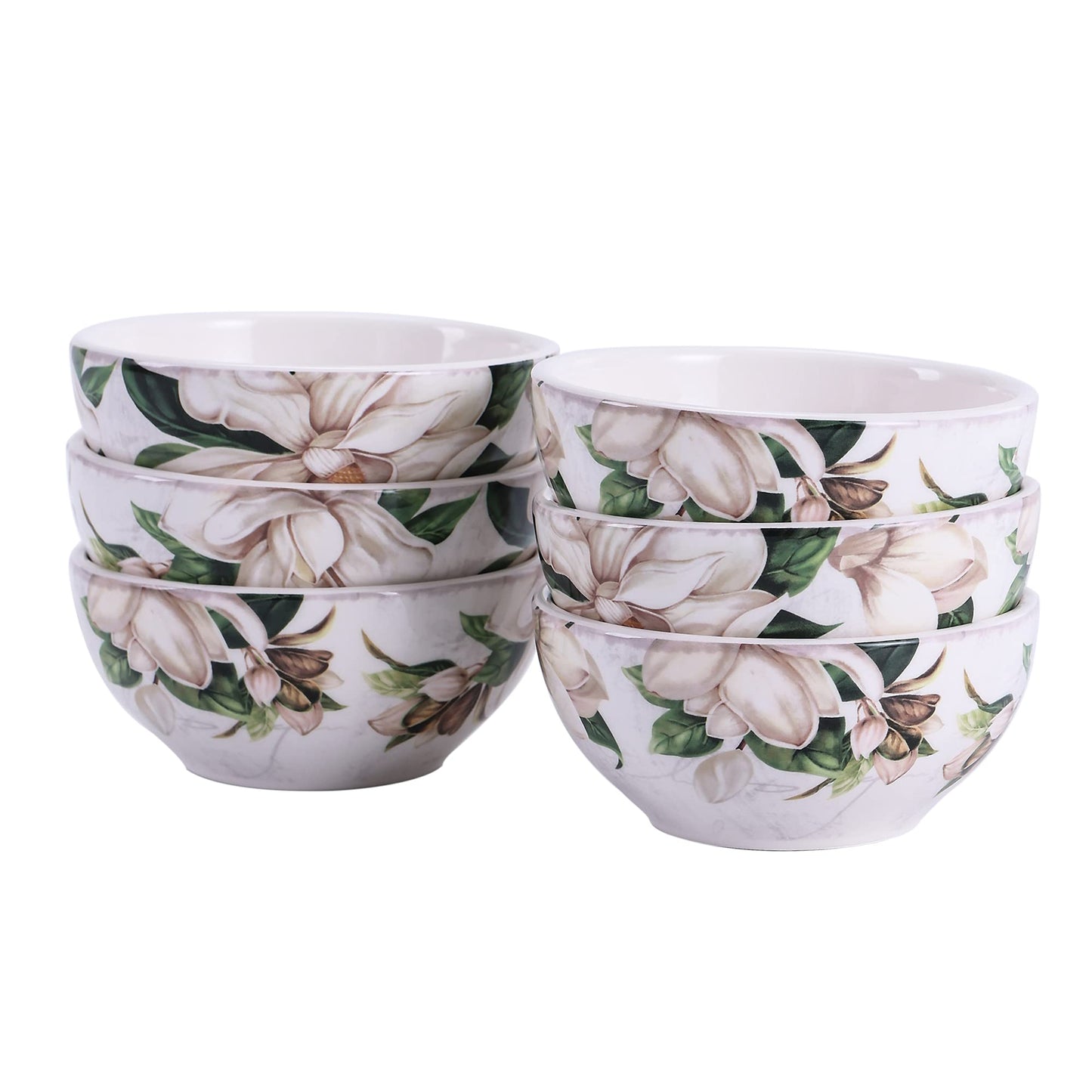 Bico Magnolia Floral Dessert Bowls Set of 6, Ceramic, 12oz, for Ice Cream, Salad, Cereal, Dipping Sauce, Microwave & Dishwasher Safe