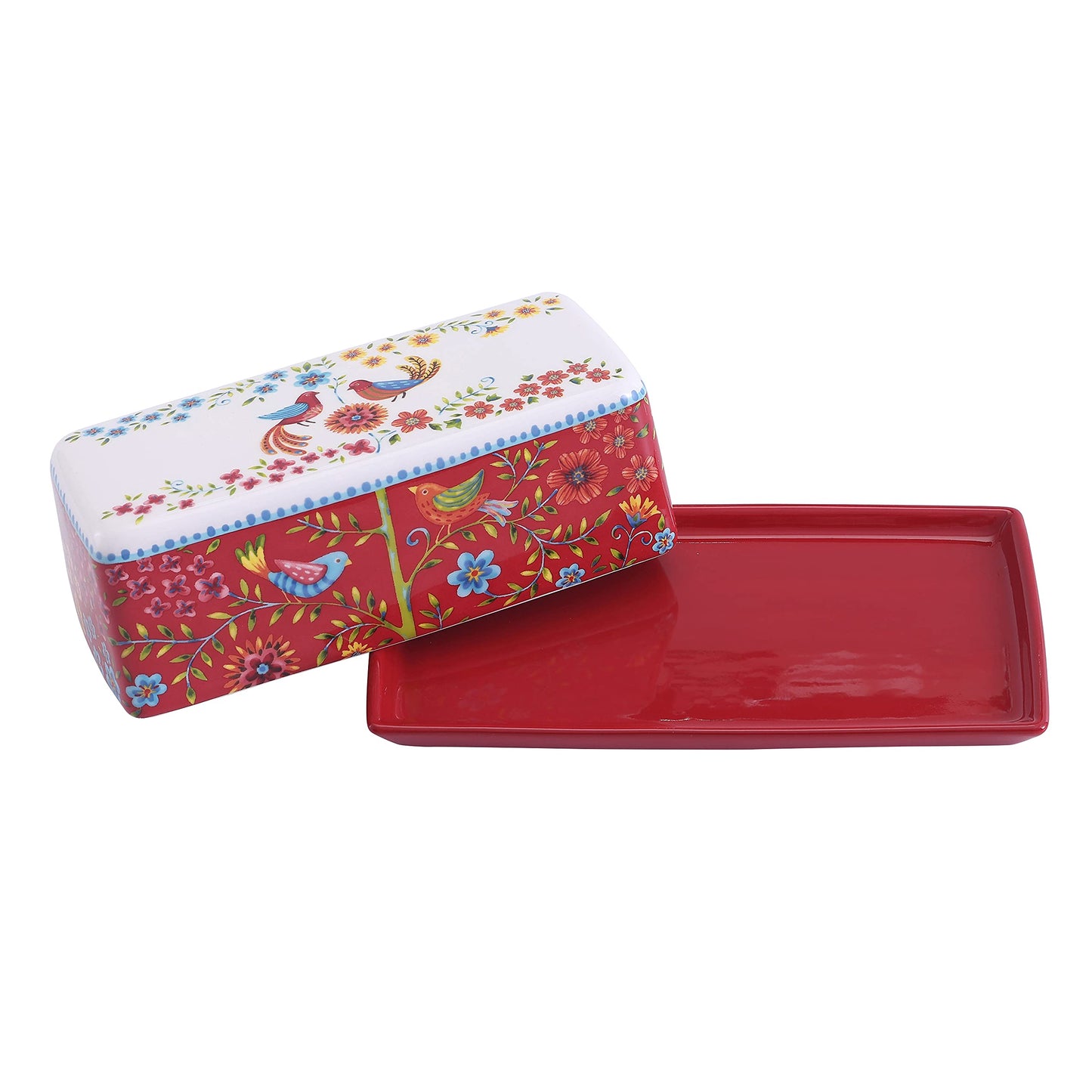 Bico Red Spring Bird Ceramic Butter Dish with Lid, Butter Keeper for Counter, Kitchen, Dishwasher Safe