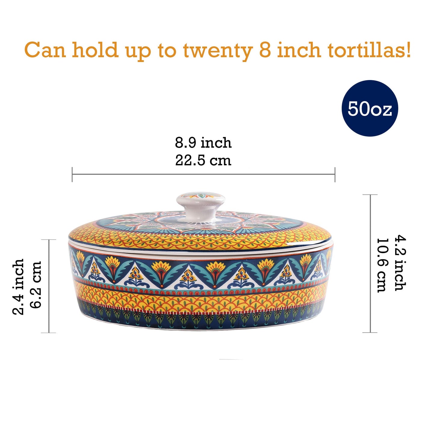 Bico Ceramic 8.8 inch Tortilla Warmer, Tortilla Server with Lid, Taco Holder for Mexican Fiesta Party, Taco Tuesday, Microwave and Dishwasher Safe