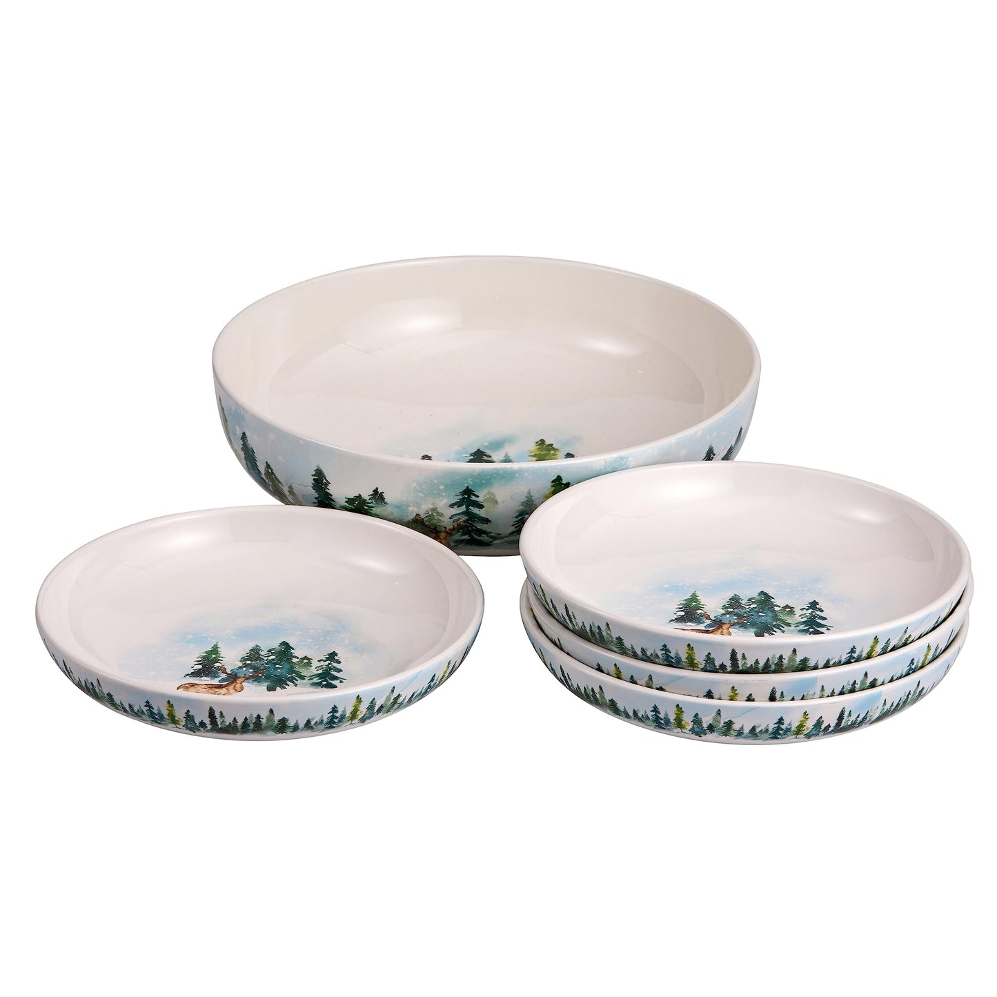 Bico Enchanted Deer Dreamscape Ceramic Pasta Bowl, Set of 5(1 unit 214oz, 4 units 35oz), for Pasta, Salad, Microwave & Dishwasher Safe, House Warming Gift