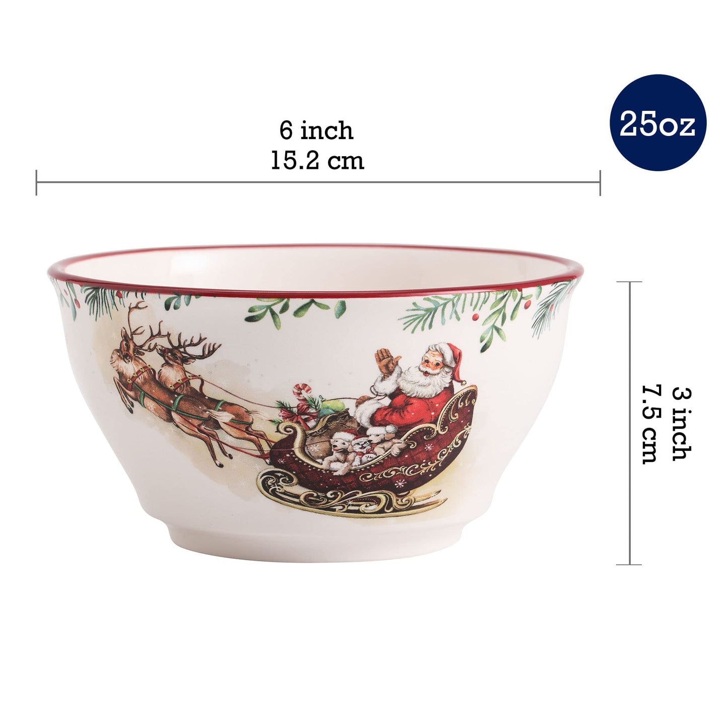 Bico Santa On The Way Ceramic Cereal Bowls, Set of 4, for Pasta, Salad, Cereal, Soup & Microwave & Dishwasher Safe