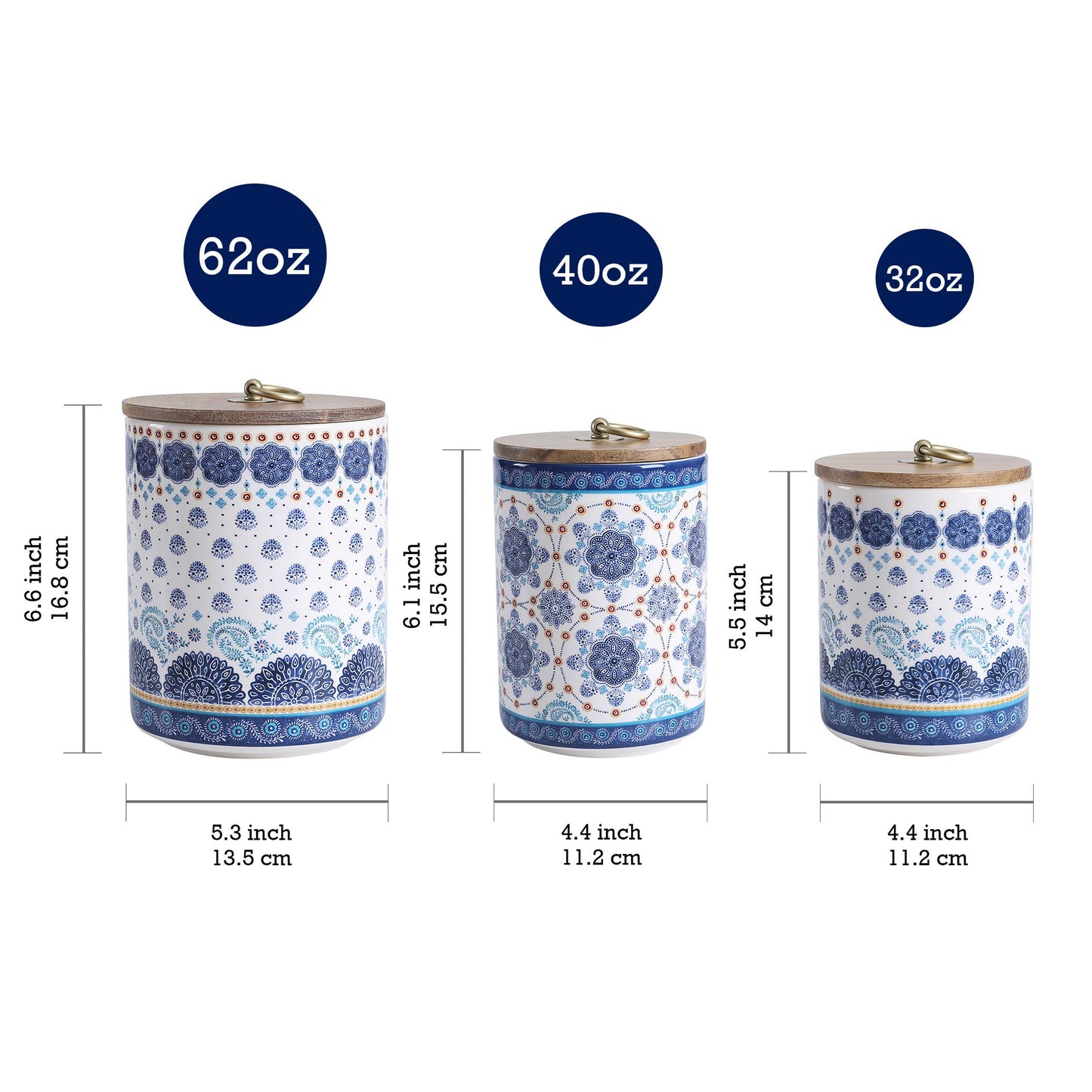 Bico Blue Talavera Ceramic Canister Set of 3 for Kitchen Counter, 62oz, 40oz, 32oz each, with Wooden Air Tight Lid, Food Storage Jar for storing Coffee, Tea, Spice, Dishwasher Safe