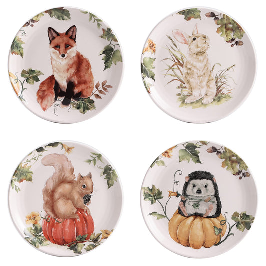 Bico Woodland Critters Ceramic Salad Plates, 8.75 inch, Set of 4, for Salad, Appetizer, Microwave & Dishwasher Safe