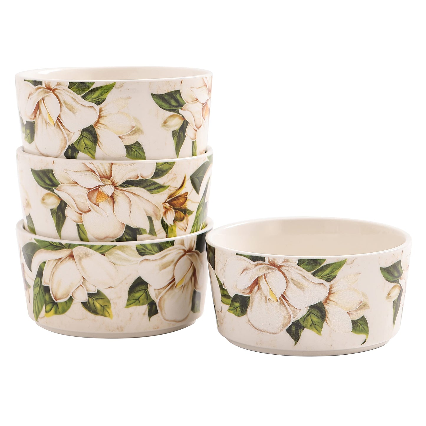 Bico Magnolia Floral Stoneware 8oz Ramekin Set, Set of 4, Round Baking Bowl for Pudding, Creme Brulee, Souffle, Microwave, Dishwasher and Oven Safe