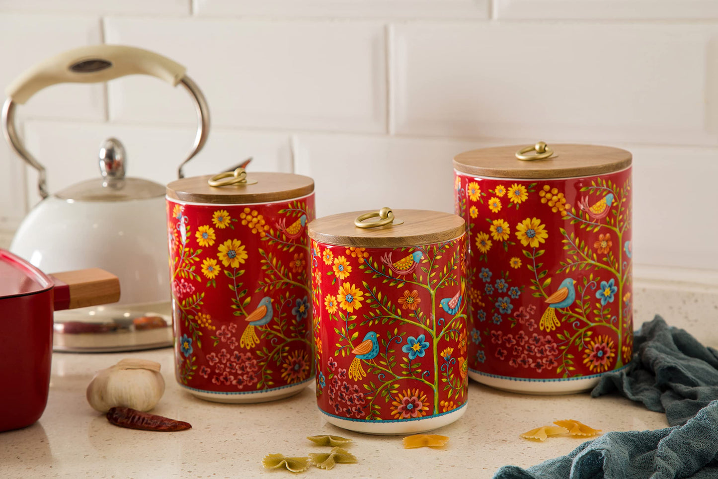 Bico Red Spring Bird Ceramic Canister Set of 3 for Kitchen Counter, 62oz, 40oz, 32oz each, with Wooden Air Tight Lid, Food Storage Jar for storing Coffee, Tea, Spice, Dishwasher Safe