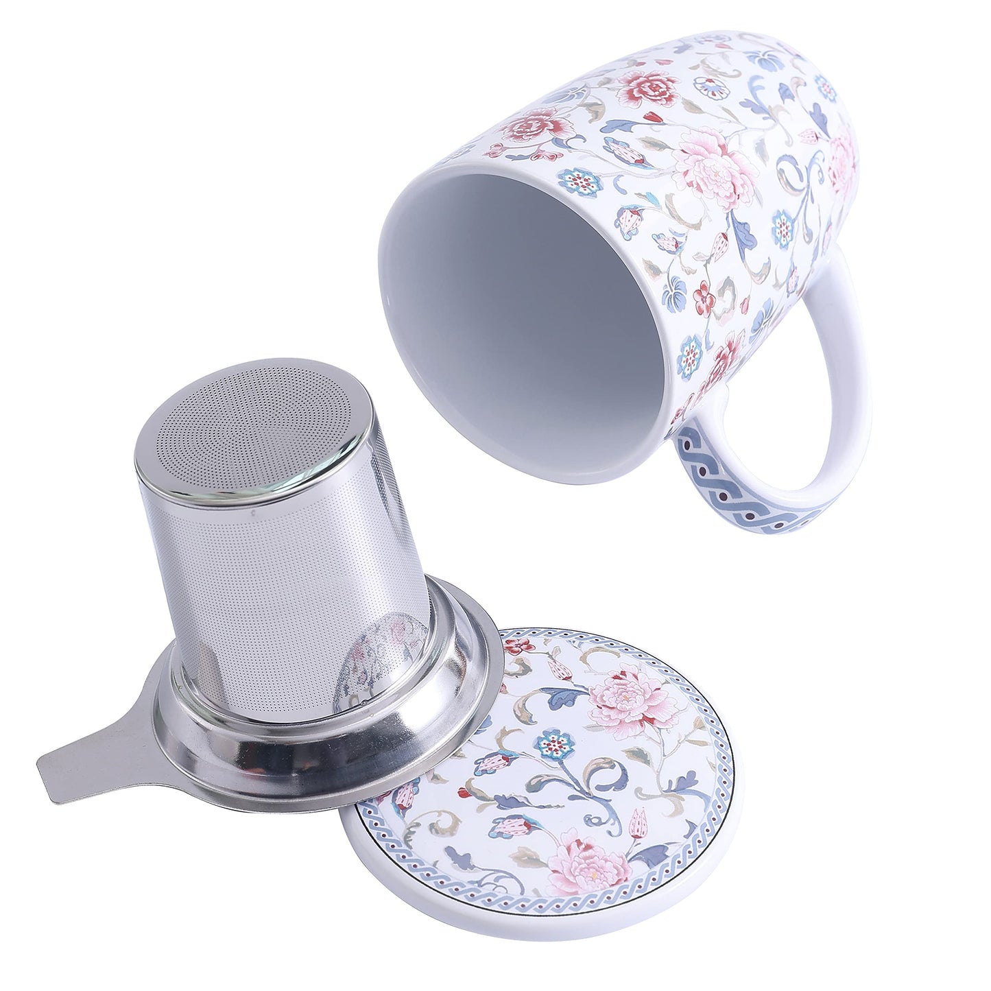 Bico 12oz Porcelain Tea Mug with Infuser and Lid, Microwave & Dishwasher Safe