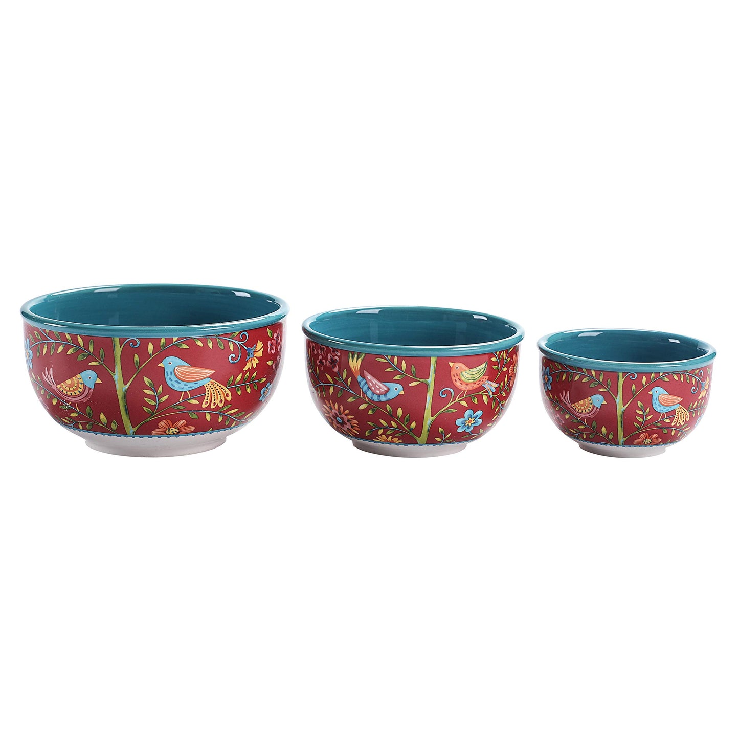 Bico Red Spring Bird Ceramic Bowl with Air Tight Lid Set of 3(27oz, 18oz, 9oz each), Prep bowls, Food Storage Bowl for Salad, Snacks, Fruits, Microwave and Dishwasher Safe