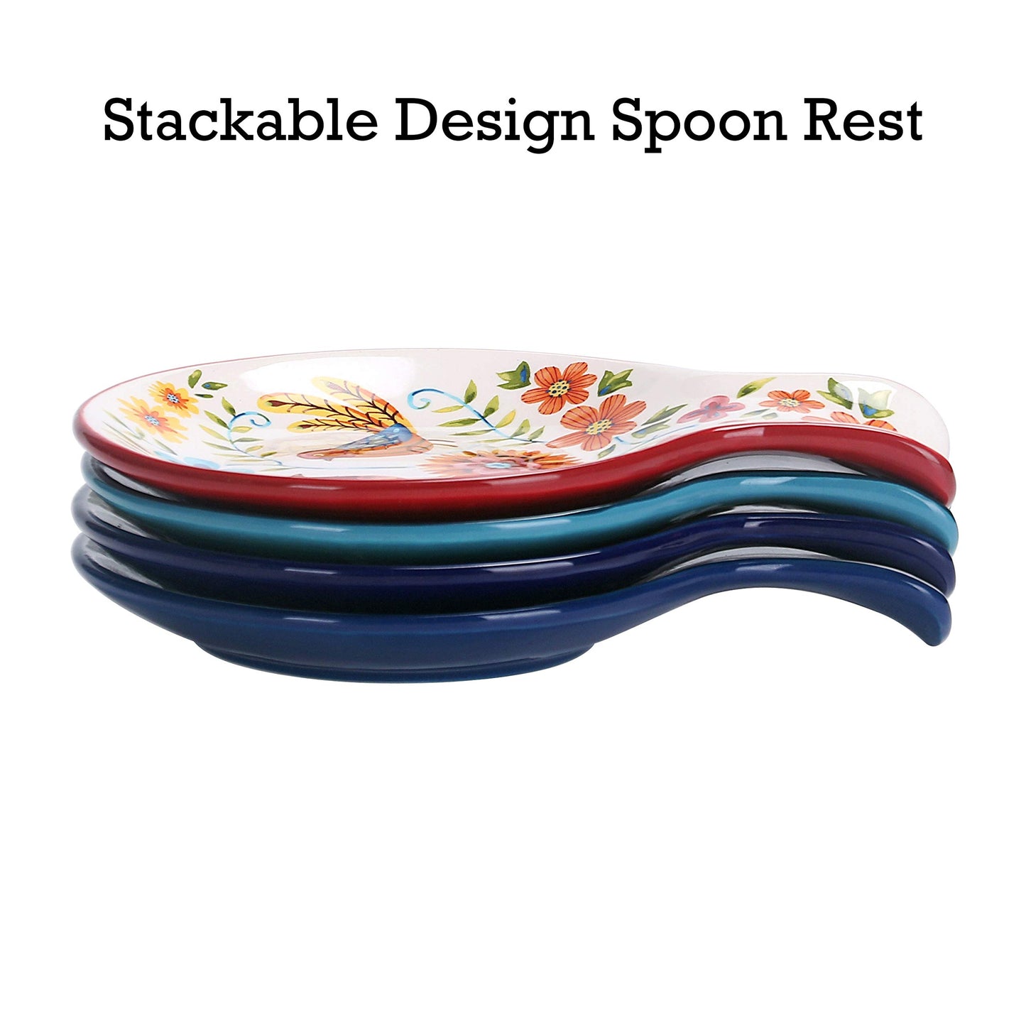 Bico Red Blue Leaf Ceramic Spoon Rest, Dishwasher Safe