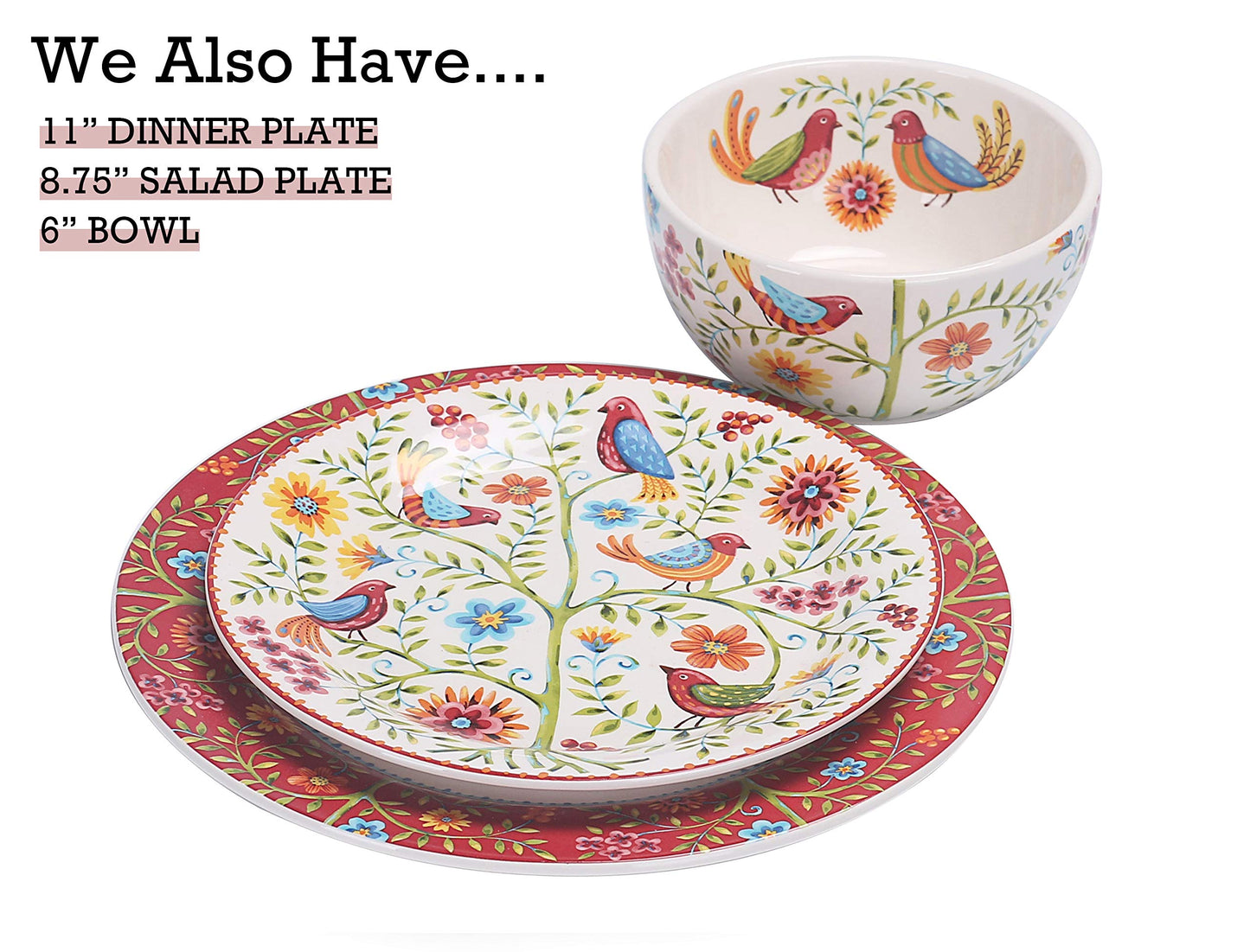 Bico Red Spring Bird Ceramic Dipping Bowl Set (9oz bowls with 14 inch platter), for Sauce, Nachos, Snacks, Microwave & Dishwasher Safe