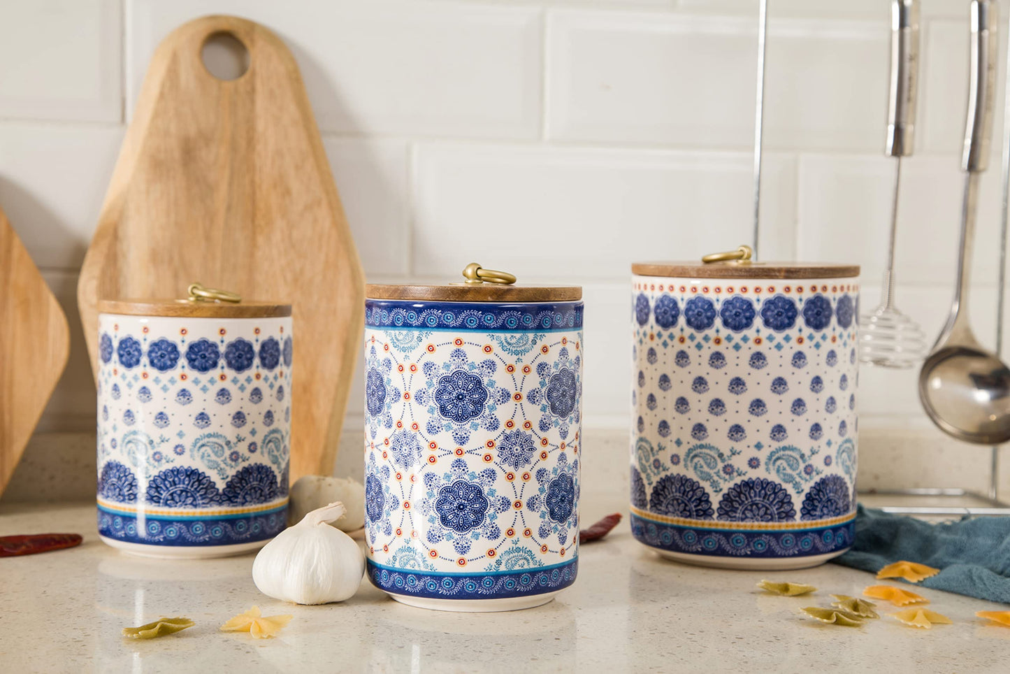 Bico Blue Talavera Ceramic Canister Set of 3 for Kitchen Counter, 62oz, 40oz, 32oz each, with Wooden Air Tight Lid, Food Storage Jar for storing Coffee, Tea, Spice, Dishwasher Safe