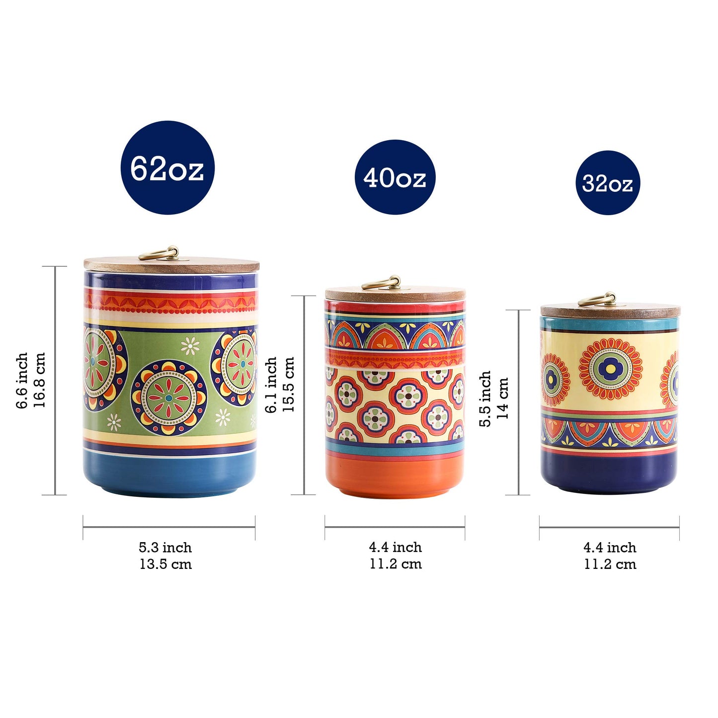 Bico Tunisian Ceramic Canister Set of 3 for Kitchen Counter, 62oz, 40oz, 32oz each, with Wooden Air Tight Lid, Food Storage Jar for storing Coffee, Tea, Spice, Dishwasher Safe