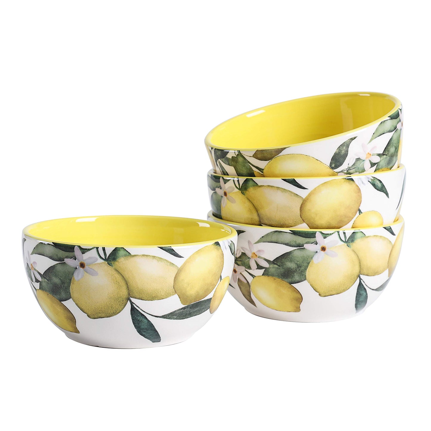 Bico Lemon Dreams Ceramic Bowls Set of 4, 26oz, for Pasta, Salad, Cereal, Soup & Microwave & Dishwasher Safe