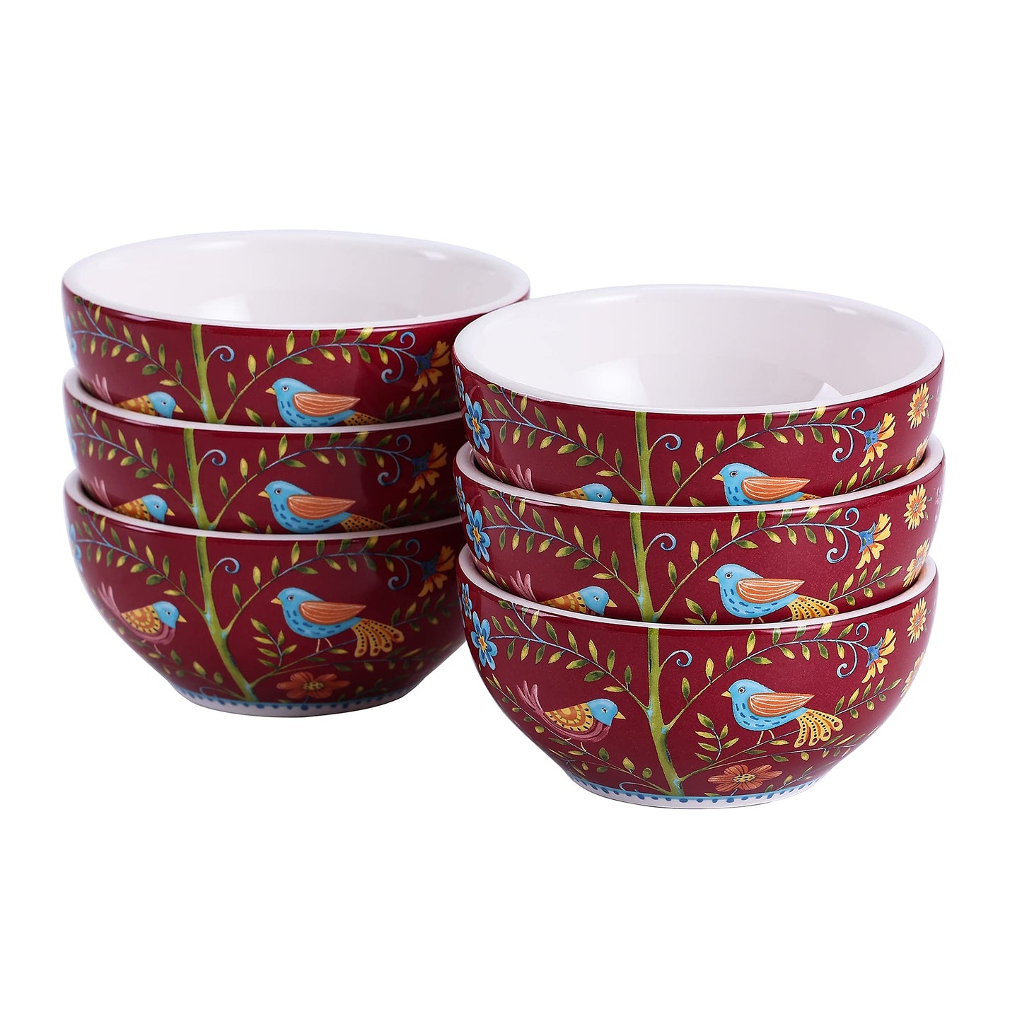 Bico Red Spring Bird Dessert Bowls Set of 6, Ceramic, 12oz, for Ice Cream, Salad, Cereal, Dipping Sauce, Microwave & Dishwasher Safe